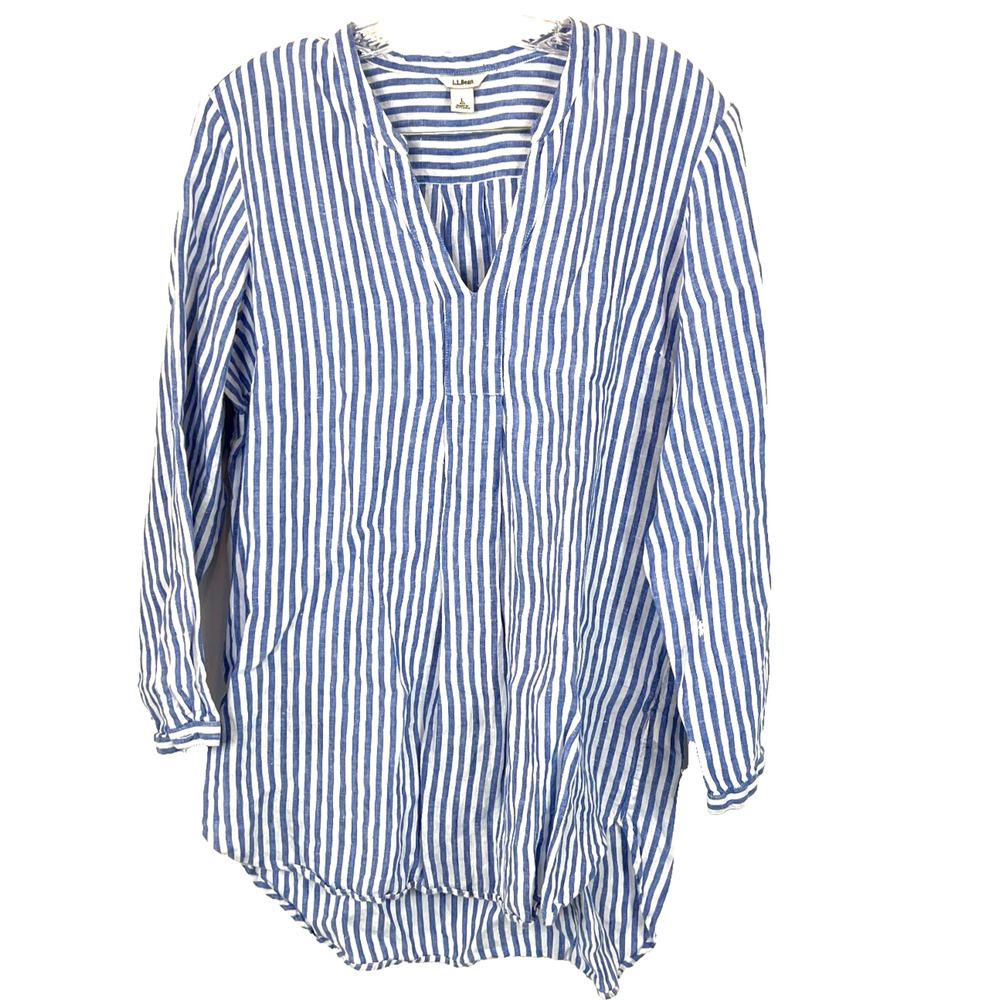 L.L Bean Womens Large White Blue Pinstripes Linen Long Sleeve Blouse Top